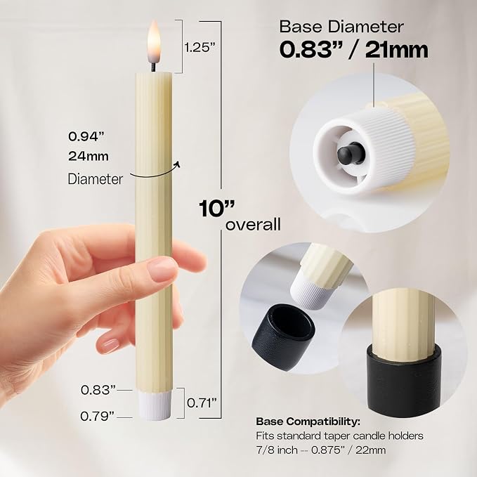 12 Pack, 10" LED Flameless Ivory Fluted Ribbed Grooved Taper Candles with 2 Remotes & 24h Timer Memory, On/Off Button, Dimmable, Flicker Mode, Battery Operated, Christmas Menorah Wedding