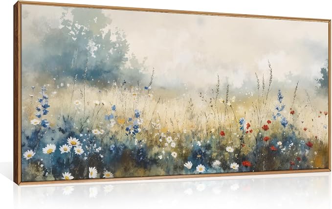 Nature Wildflower Framed Canvas Wall Art Set, Pastoral Landscape Wall Decor, Colorful Meadow Wall Painting, Rustic Floral Art Print for Living Room, Bedroom, Office-20 X40