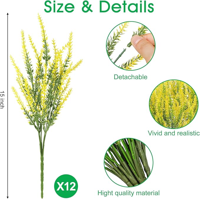 Ouddy Decor 12 Bundles Artificial Lavender Fake Flowers Faux Plastic Plants for Home Wedding Kitchen Garden Patio Window Box Office Table Centerpieces Indoor Outdoor Decor, Yellow