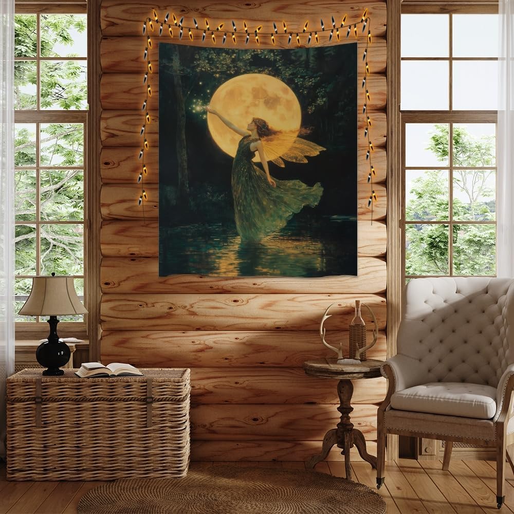 Whimsical Fairy Tapestry Fantasy Moonlight Fae Goddess Print Moody Gothic Aesthetic Wall Hanging Magical Forest Pictures Dark Cottage Witchy Tapestries for Girls Room Bedroom 40x60inch