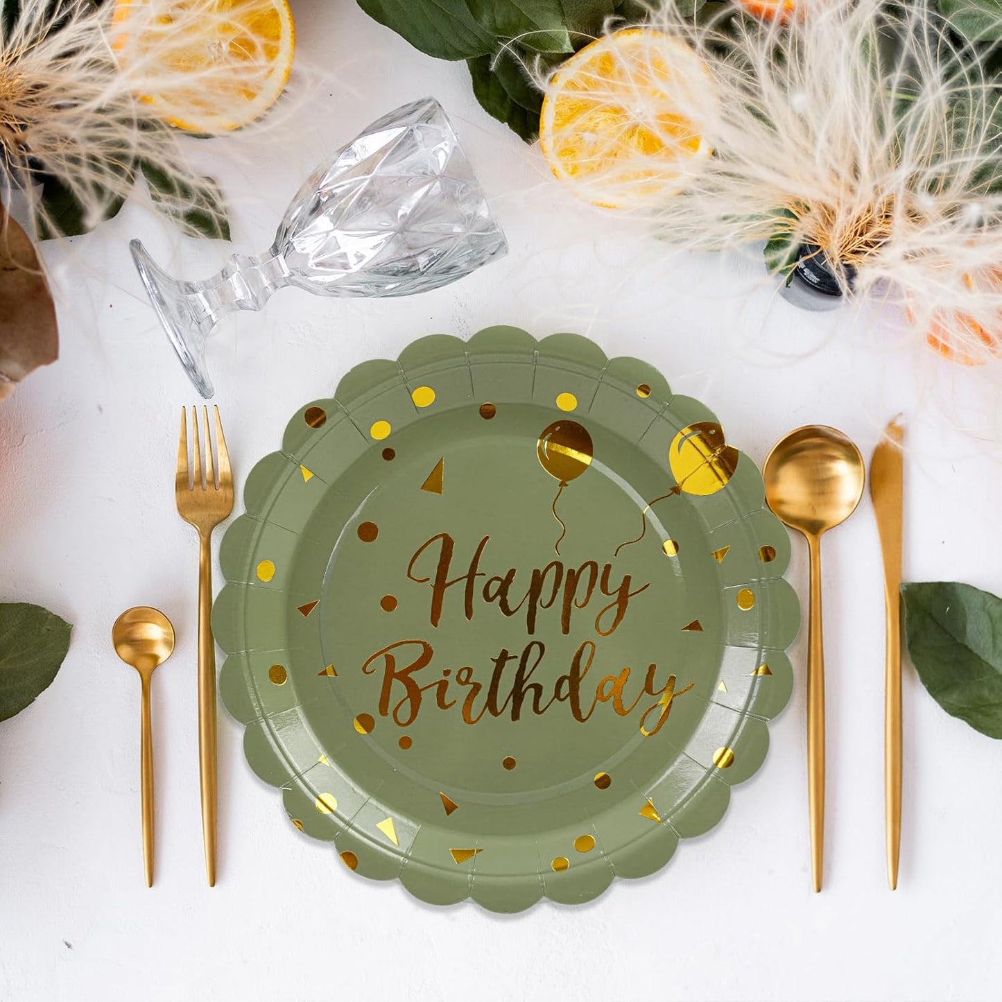 50PCS Sage Green and Gold Happy Birthday Paper Plates, 7 Inch Scalloped Disposable Birthday Dessert Cake Plates Metallic Foil Polka Dots Party Supplies for Birthday's Decorations