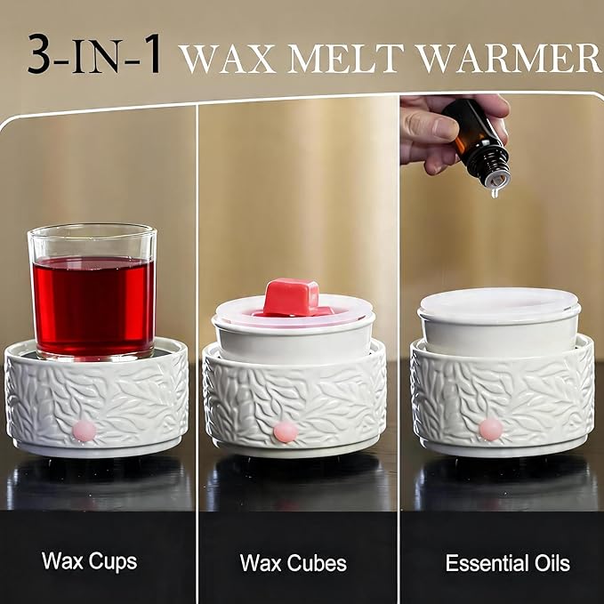 Electric Wax Melt Warmer with Timer & Silicone Liner, 3-in-1 Ceramic Scented Wax Burner for Home Aromatherapy, Fast Melting Fragrance Warmer for Essential Oils & Wax Cups, Flame for Women