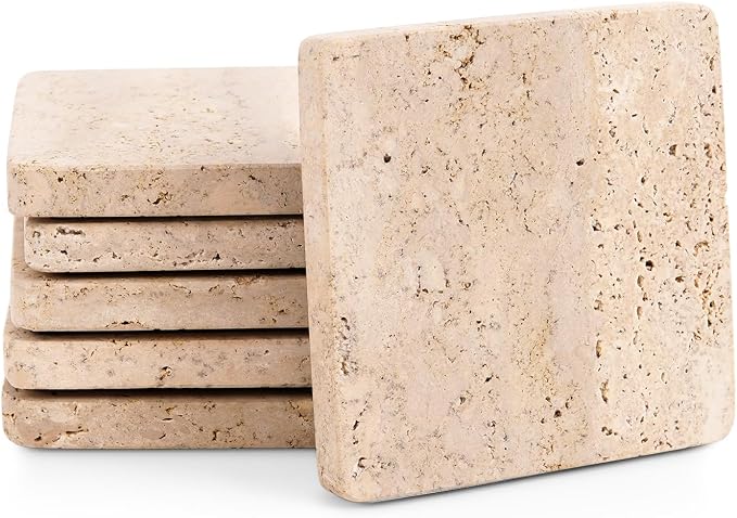 Marble Coasters Set of 6 Square 3.5 Inch Travertine Coaster for Drinks, Ideal Stone Drink Coasters for Gifts, Dining Table & Home Décor (Travertine Coasters Only)