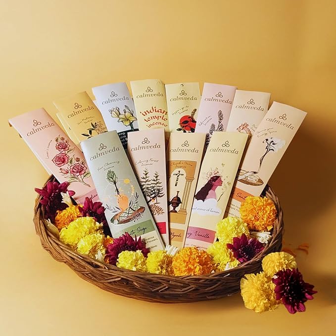 CALMVEDA Natural Incense Sticks Mega - Variety Pack (144 Insence-Sticks Bulk, 12 Aromas) Clean No Charcoal, Made from Upcycled Flowers | Organic Incense Stick Non Toxic (Slow Burn, Longlast)