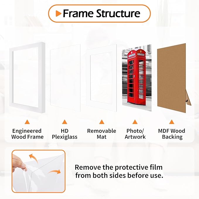 8x10 Picture Frame Set of 8, White Photo Frames for Tabletop or Wall Display, Fits Pictures 5x7 with Mat or 8x10 Without Mat, Frame Collage with HD Plexiglass for Gallery Home Wall Decor