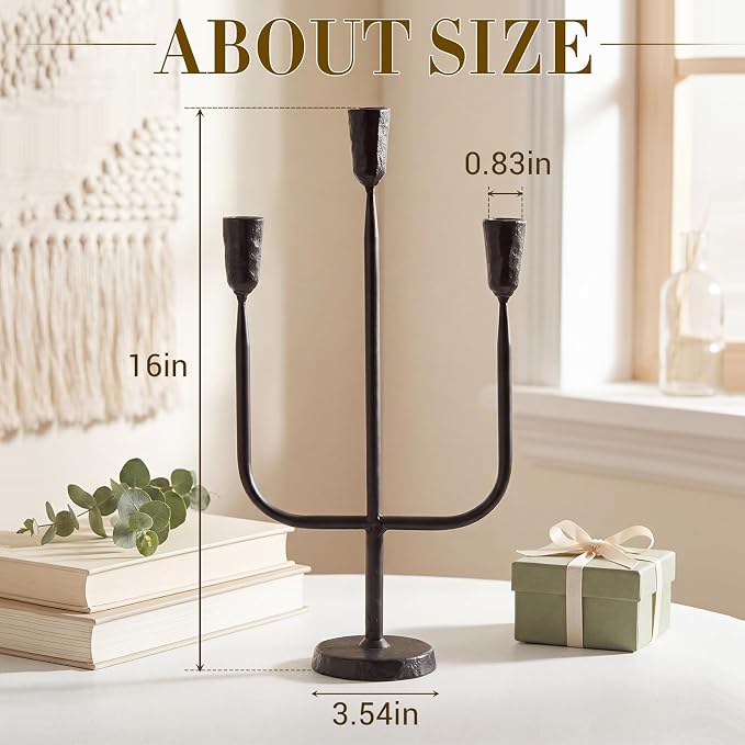 1 Pcs 16 Inch 3 Arm Metal Candelabra Cast Iron Taper Candelabra Vintage Tall Candle Holder Decorative Candlestick Holder for Wedding Antique Table Centerpiece & Mantel Decor (Black)