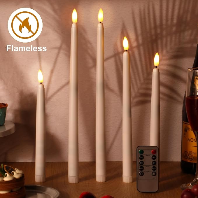 Rossesay 28 Pcs Flameless Taper Candles with Timer Remote 4 Sizes of 8.5", 9.6", 10.83", 12.8" LED Flickering Taper Candles Battery Operated for Valentine's Day Church Wedding Home Decor(White)