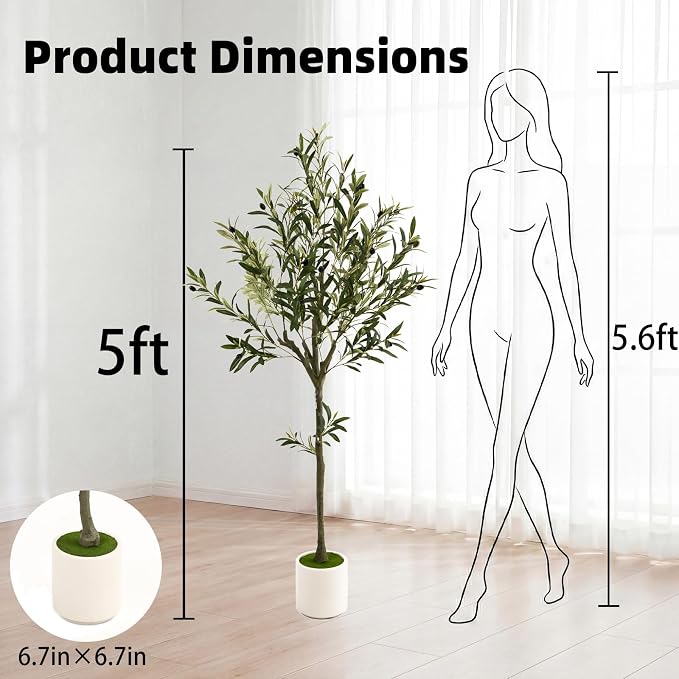 5ft Fake Olive Tree Artificial Indoor,Faux Olive Tree with Pot,Large Olive Branches and Lifelike Fruits,for Home Office House Living Room Decor.