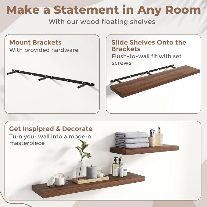55 Inch Floating Shelves for Wall with Invisible Brackets Set of 2, 12"D Engineered Wood Wall Shelves with Wood Grain for Living Room, Bedroom, Bathroom, Kitchen Decor and Storage, Walnut Finish