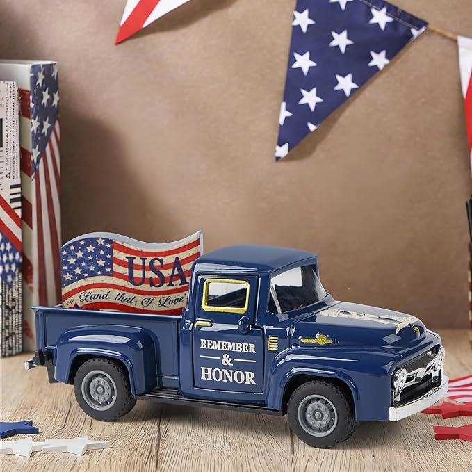 4th of July Patriotic Truck Decor, Red White and Blue Decorations Tiered Tray, Rustic Farmhouse Tabletop Centerpiece for Memorial Day Independence Day Decorations for Home Office