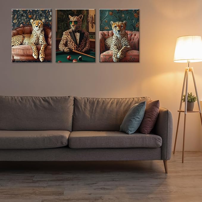 Cheetah Wall Art Set of 3–Cool Animal Canvas Poster Prints with Stylish Leopard in Suit and Lounge DécorSafari Animal Artwork Painting for Living Room,Office,Game Room,Bar, Bachelor Pad,Framed16x24in