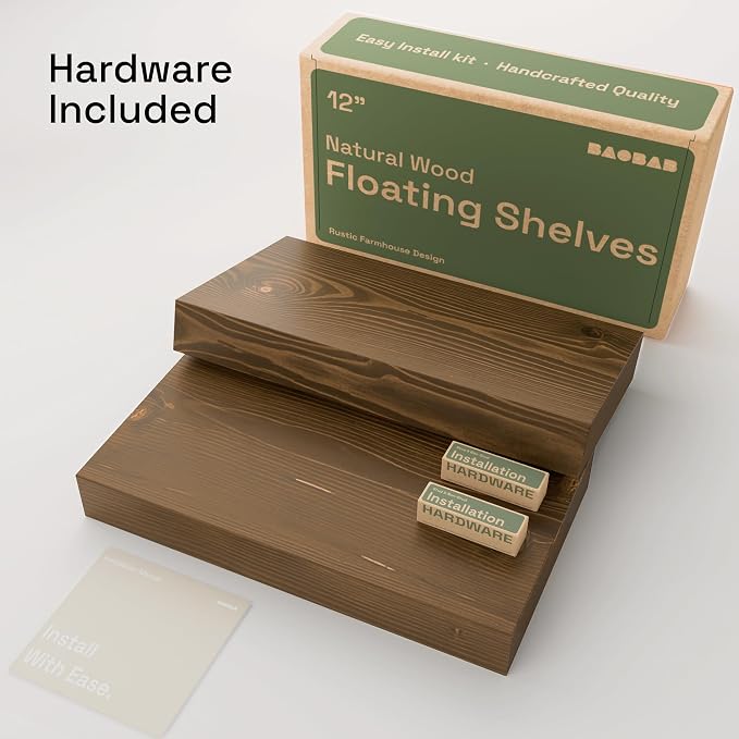 Solid Wood Floating Shelves for Wall 12 Inch Walnut, Small Wooden Shelf | Real Wood, Wall Mounted, Rustic, Bedroom Kitchen Bathroom Living Room, Walnut Finish, 12W x 6.7D, Set of 2