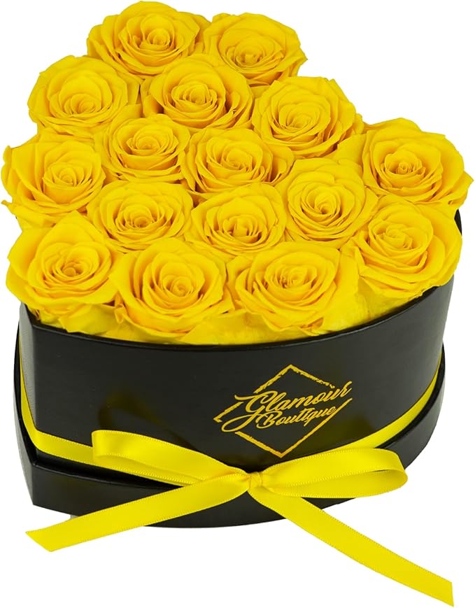GLAMOUR BOUTIQUE 16 Flower Forever Heart Shape Box, Eternal Preserved Roses Gift for Her, Lasting Flowers, Romantic Floral Keepsake for Birthday, Anniversary or Valentine’s Day, Yellow (Color-Treated)