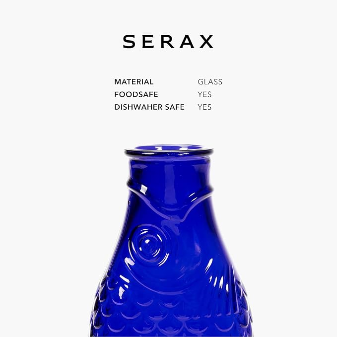 Serax Glass Water Pitcher | Fish & Fish glassware by Paola Navone | Wine Carafe Decanter 28.74 fl oz | Clear Dark Blue Bottle Container, hot & cold Drinks | Fridge Beverage Dispenser, Suitable as Vase