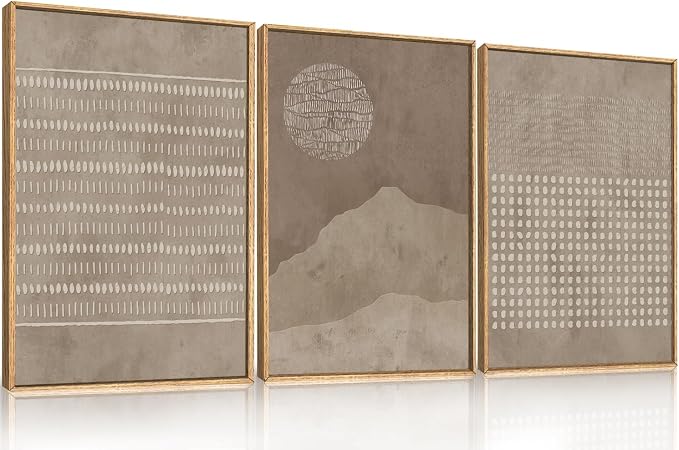 Large Mid Century Tan Beige Framed Canvas Wall Art,Neutral Geometric Lines Dots Shapes Wall Decor,Abstract Boho Sunset and Mountain Artwork for Living Room,Bedroom,Office-16 x24 x3