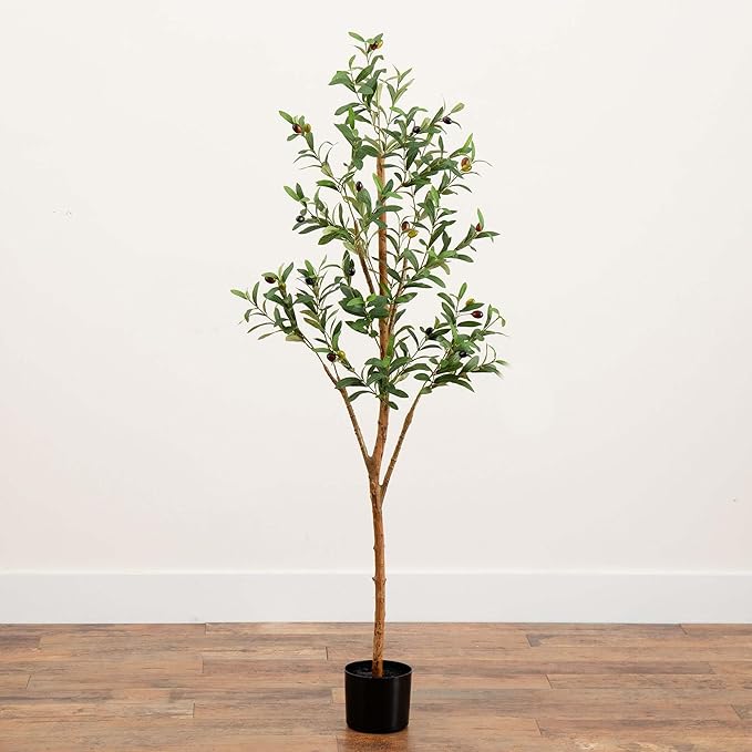 Nearly Natural 5FT Tall Silk Faux Olive Tree for Home and Office Decor, Fake Potted Tree with Natural Wood Trunk, Realistic Branches and Lifelike Fruits