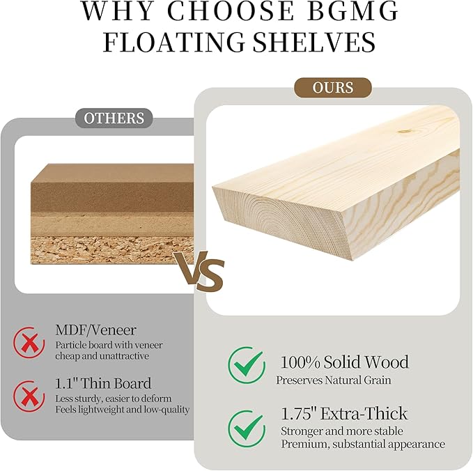 BGMG Wood Floating Shelves for Wall 60 inch Set of 2,White Floating Shelves,Solid Wood Wall Mount Shelves for Living Room Bedroom Kitchen Farmhouse -60x6.7x1.75 inch