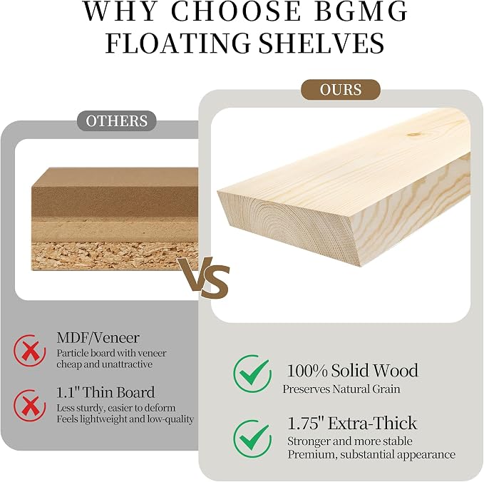 BGMG Wood Floating Shelves for Wall 54 inch Set of 2, Rustic Wooden Wall Mount Shelves for Living Room Bedroom Kitchen Farmhouse-54x6.7x1.75 inch- Gold Oak