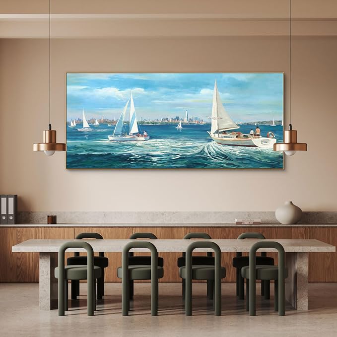 XLSJERST Coastal Paintings Framed Wall Art - Extra Large 70x31 Inches Landscape Modern Seascape Picture Sailboat Artwork for Living Room Bedroom Bathroom Office Home Wall Decor