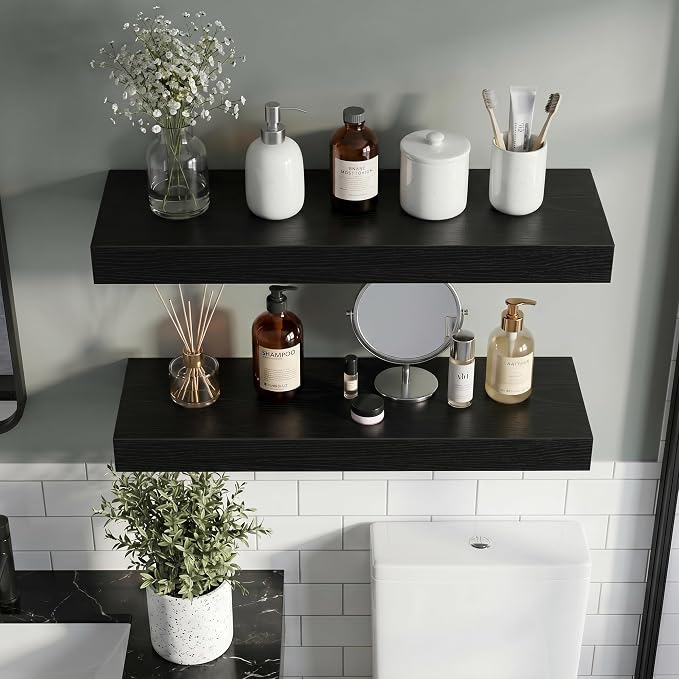 Vivelove 16 Inch Floating Shelves Wall Mounted for Display, 6.5 Deep Duty Shelves with Invisible Brackets for Living Room,Bedroom,Kitchen, Bathroom Storage & Decor,16" Wx6.5 Dx1.4 H - Black