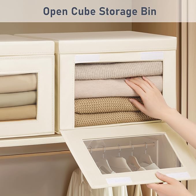 Homsorout Large Storage Bins with Lids - Fabric Collapsible Closet Storage Organizer with Window & Handles, Stackable Decorative Storage Boxes for Clothes, Blankets, Sweaters, 4 Pack, Beige