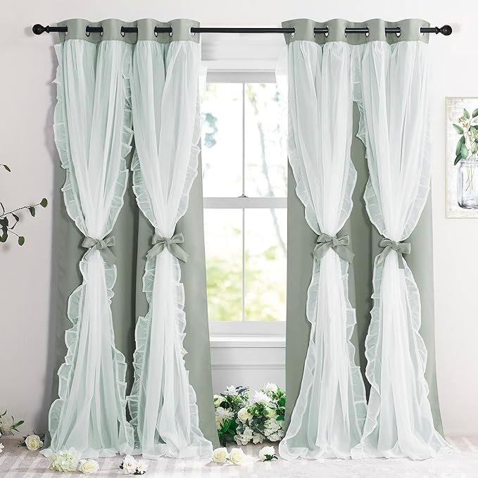 PONY DANCE Blackout Curtains for Whimsical Forest Teen Room, Double Layer Drapes Ruffle Sheer Overlay Farmhouse Rustic Design, W 52 x L 84 Inches, Sage Green, 2 Panels