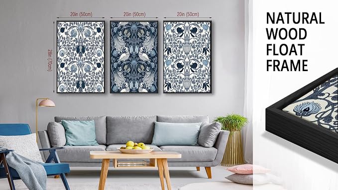 Large Framed Canvas Wall Art - Navy Blue Pictures William Morris Style for Living Room Boho Prints Flower Bird Wall Decor for Bedroom Dining Room Black Float Frame 20" X 28" X 3 Pieces