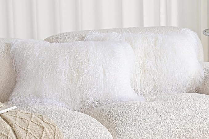 Real 100% Tibetan Mongolian Lamb Sheepskin Wool Fur Throw Pillow Covers Super Soft Plush Leather Accent Pillowcase Decorative Cushion Cover White 12x20 Inch Set of 2