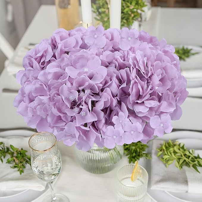 AVIVIHO 10pcs Fake Flowers Lavender Hydrangea Artificial Flowers Bulk (Not Squished, No Steaming Need) Silk Flowers with Stems for Wedding Decor,Home,Baby Shower,Table Centerpieces Decoration