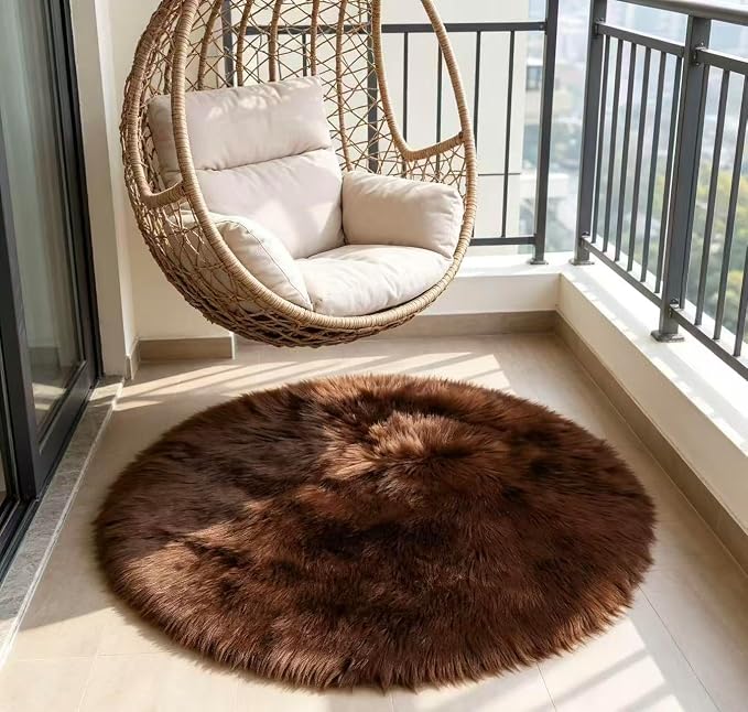 Faux Fur Sheepskin Rug Super Soft Fluffy Plush Area Rug Bedroom Floor Children's Room Sofa Cushion Living Room Runners Bedside Rugs (Coffee, 3×3 ft Rotund), 33KFYX
