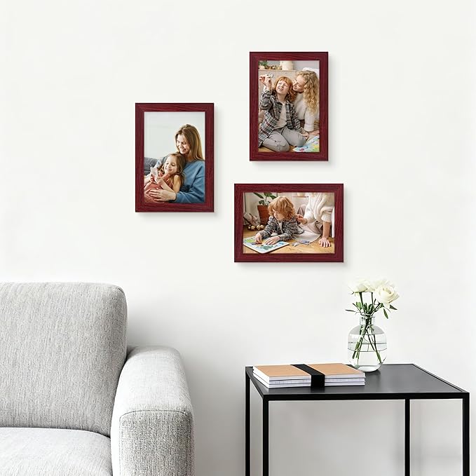 Picrit 4x6 Picture Frame Set of 12, Display 3.5x5 with Mat or 4x6 Without Mat, Photo Frames for Wall Mounting or Table Top Display, Dark Red Wood