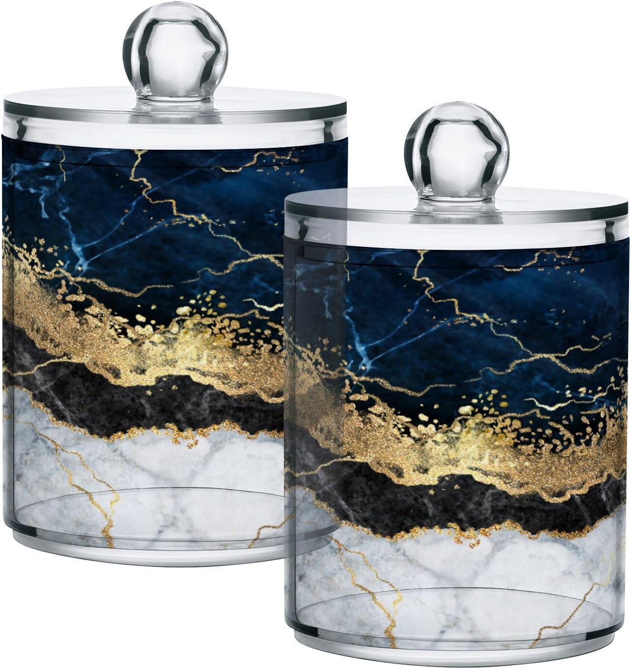 2 Pack Qtip Holder Dispenser Navy Blue Marble Bathroom Storage Canister Lid Acrylic Plastic Apothecary Jar Set Vanity Makeup Organizer for Cotton Swabs/Pads/Floss