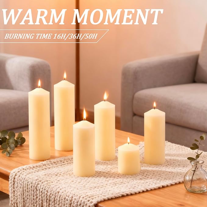 Ivory Pillar Candles Bulk Set of 18，3 Different Lengths 2 x 3/6/8 Inch (6 Each)，Hurricane Candles，Dripless Unscented Smokeless，Gives You a Better Atmosphere When Organizing an Event Party.