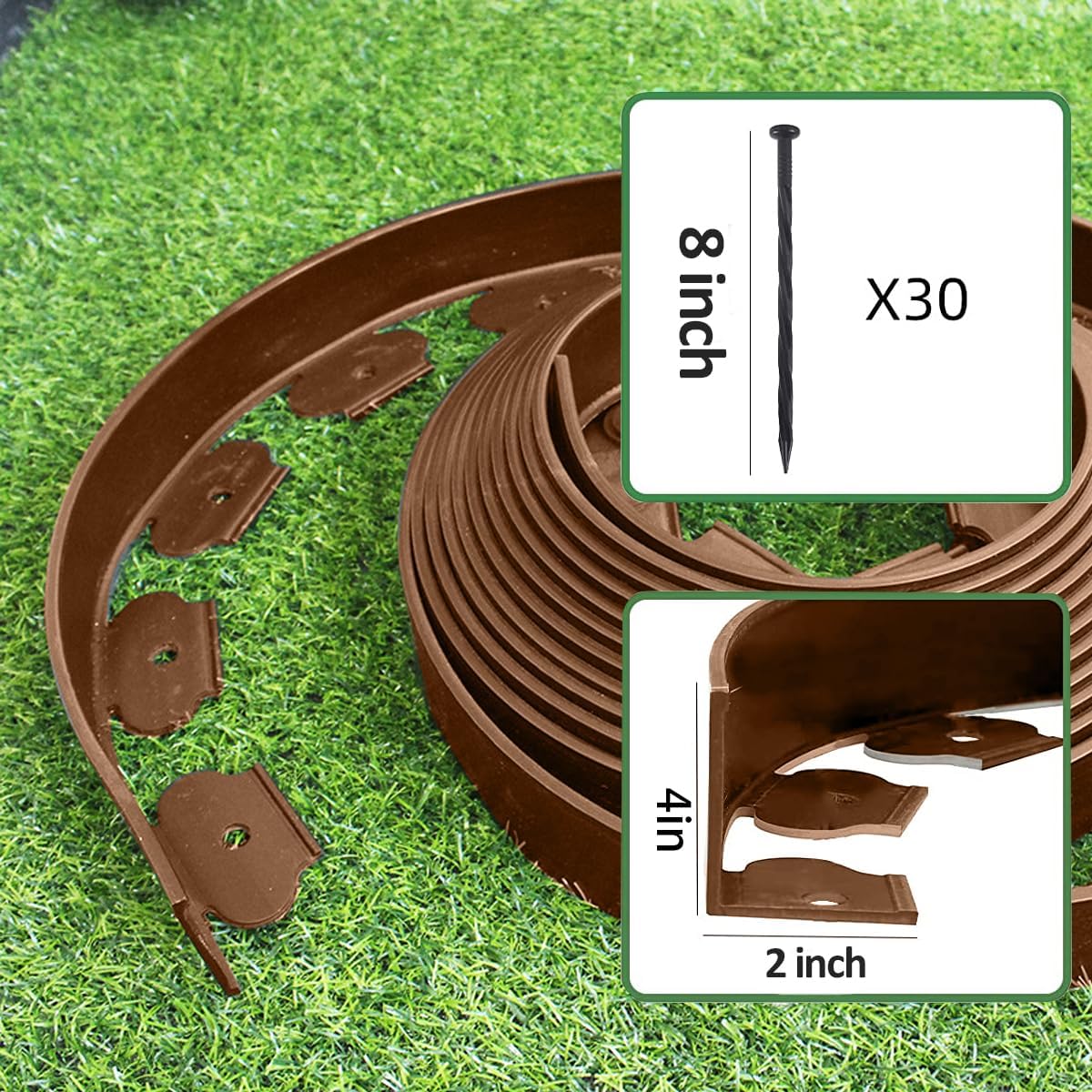 33FT Landscape Edging, 4 in Tall Garden Edging Borders,Flexible Lawn Edging with 30 Spikes,Plastic Edging Border for Garden, Flower Beds, Pavement-Brown