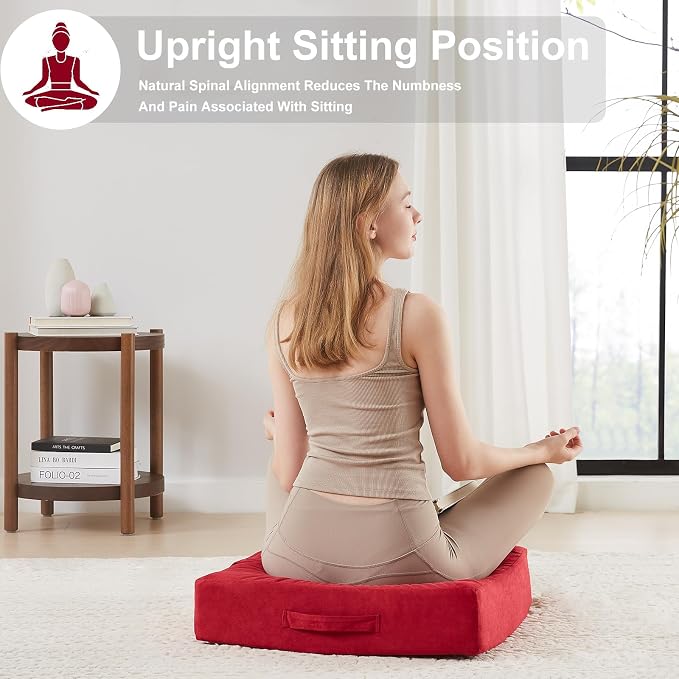 JKMAX 22 inches Floor Pillow for Adults - Large Meditation Cushion with Thick Foam & Soft Tufted Cover - Premium Outdoor Square Floor Cushion Seat - Yoga Pillows for Sitting On Floor - Burgundy