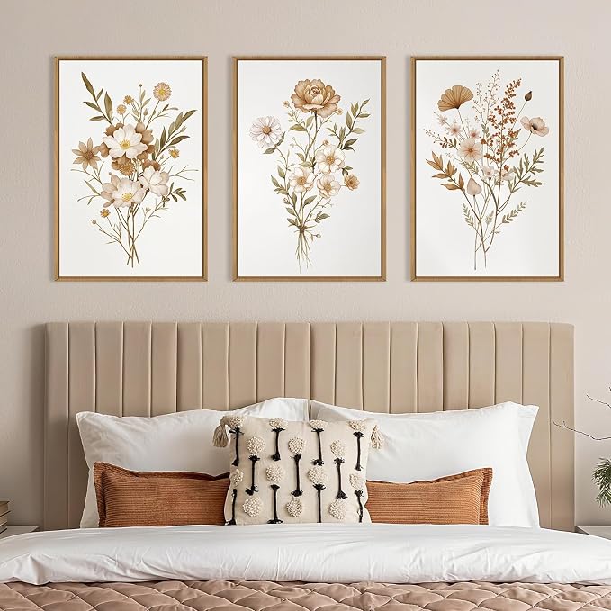 KAIRNE Neutral Boho Floral Framed Canvas Wall Art Set, Vintage Botanical FlowerWall Decor, Minimalist Wildflower Art Prints, Modern Beige Artwork for Living Room, Bedroom, Farmhouse, Office-24 x36 x3
