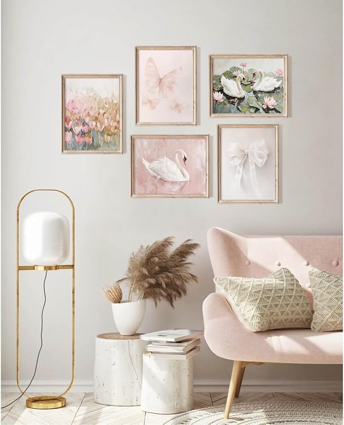 Coquette Pink Wall Art Decor Aesthetic Swan Posters Bow Flower Canvas Wall Art Preppy Cute Pictures Trendy Butterfly Posters Coquette Aesthetic Prints for Girl Dorm Room Bedroom 12x16x5 Inch Unframed