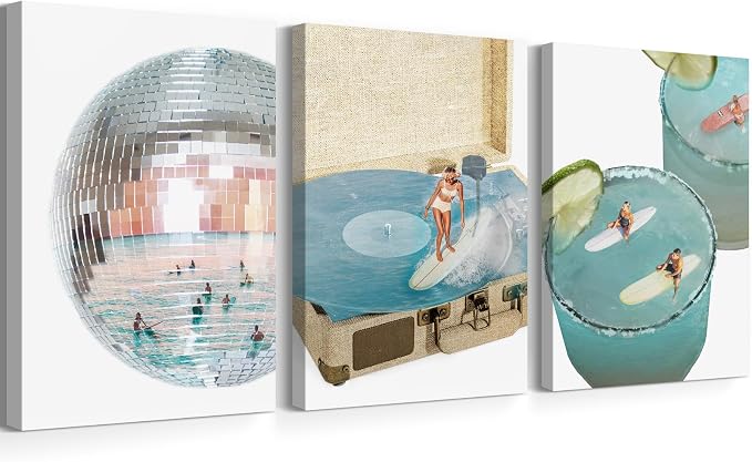 Blue Coastal Groove Wall Art Retro Disco Beach Canvas Poster Summer Surf Wall Decor Trendy Coastal Pictures Ocean Painting Preppy Aesthetic Prints Funky Artwork for Bedroom 16x24 Inch Ready to Hang