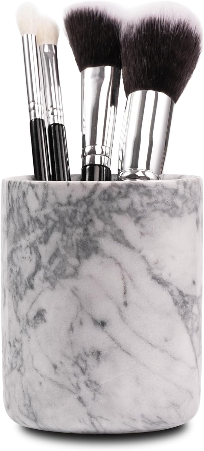 Marble Toothbrush Pen Holder - White Pencil Cup For Office Desk Aesthetic, Toothpaste Makeup Brush Organizer For Bathroom Sink Vanity Accessories, Utensil Container For Kitchen Countertop