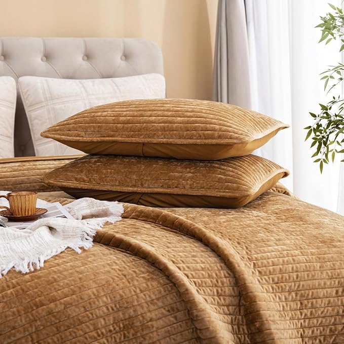PHF Luxury Velvet Quilt Set Twin Size – 2PCS Ultra Soft Quilted Comforter Alternative with Striped Channel, Cozy Quilted Bedspread, 1 Coverlet with 1 Matching Sham, 68" x 92", Rusty Burnt Orange