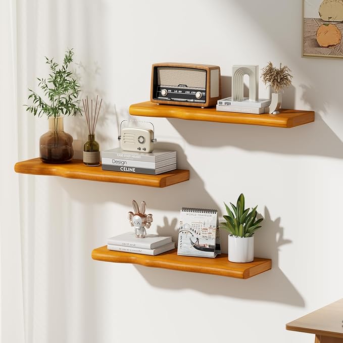 Floating Shelves for Wall Rustic Farmhouse 24 Inch Floating Shelf Wooden Shelves for Wall Mounted Live Edge Pine Shelf with Unique Natural Grain for Living Room Bedroom Kitchen (Honey Walnut)