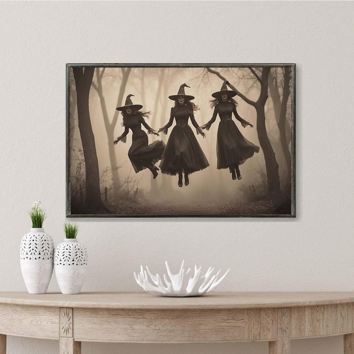 JFHCQJPK Three ghost witches flying in vintage forest gothic wall art witchcraft decoration holiday gift canvas wall art print8x12in Metal blackFramed