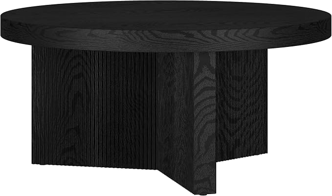 Henn&Hart 32" Fluted Round Low-Profile Coffee Table with Ribbed Pedestal Base for Living Room, Family Room, Office, or Apartment, Natural Black
