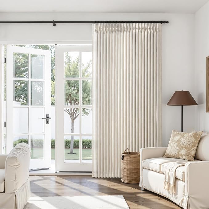 70 Inch Extra Wide Curtains 96 Inches Long for Bedroom Living Room 1 Panel, Memory Trained Pinch Pleat Thick Linen Cream Beige Curtain Light Filtering Modern Window Drapes Decor Ivory 70x96 Inch