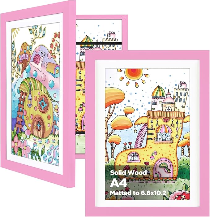 KINLINK A4 Kids Art Frame Set of 2, Solid Wood Kids Artwork Frames Changeable with Front Opening hold 150 Pictures, Art Frames for Kids Art with Mat，without Mat A4 Picture Frame Light Pink