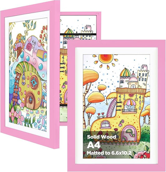 KINLINK A4 Kids Art Frame Set of 2, Solid Wood Kids Artwork Frames Changeable with Front Opening hold 150 Pictures, Art Frames for Kids Art with Mat，without Mat A4 Picture Frame Light Pink