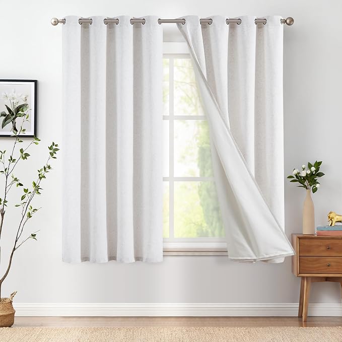 jinchan Linen Lined Curtains 63 Inch Length Light Filtering for Living Room Darkening Bedhroom Curtains Window Beige Short Drapes for Kichen, 50 Inch Wide Farmhouse Drapes with Grommet Top, 2 Panels