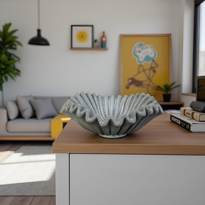 Large Decorative Handmade Bowl Decor , Modern Home Decoration, Fan Shaped Bowl, Ruffle Decor, Stylish Key Bowl for Entry Table, Decorative Fruit Bowl for Kitchen Counter, Artificial Stone Marble Color
