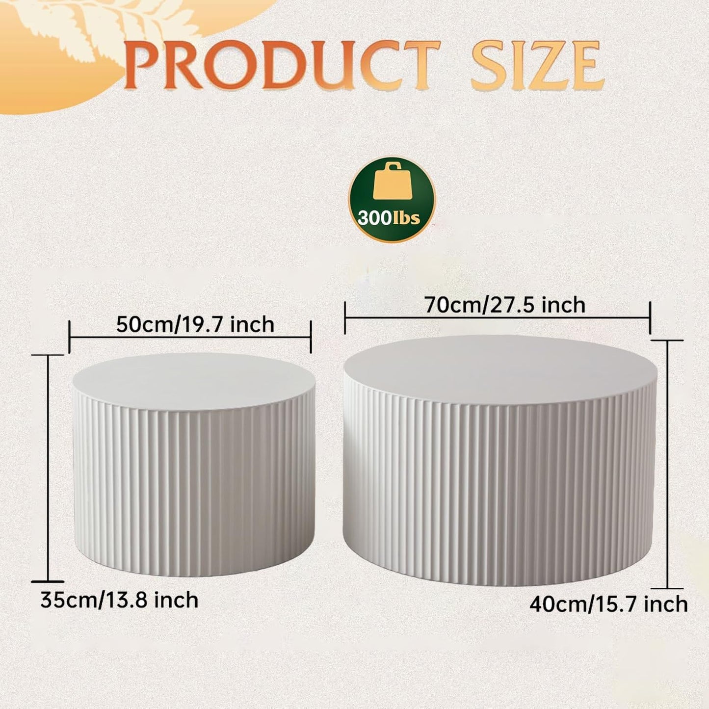 Round Nesting Coffee Table Modern Fluted Coffee Table Set of 2 Circle Drum Coffee Tables Small Round Accent Side End Table for Living Room No Assembly (White A 27in)