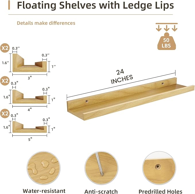 Acovy Floating Shelves Set of 6, 24 Inch Wall Mounted Picture Ledge Shelf with Lip, Oak Display Shelves for Living Room, Bedroom, Nursery, Bathroom & Kitchen